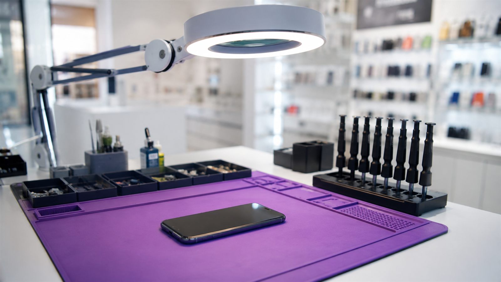 L'atelier de réparation Pixel Store France à Salaise-sur-Sanne : tapis violet, lampe loupe et outils de précision