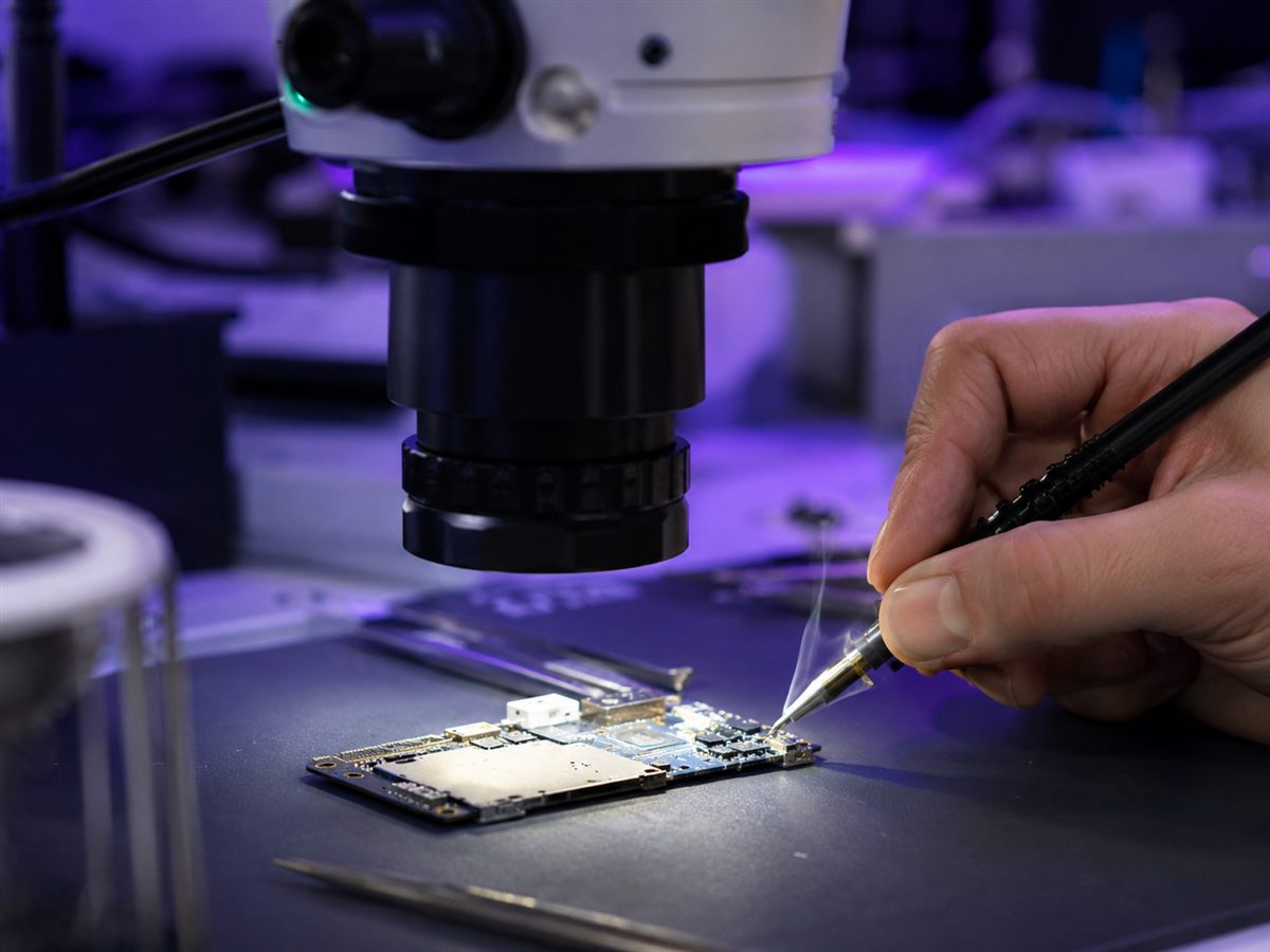 Micro-soudure au microscope sur carte mère de smartphone